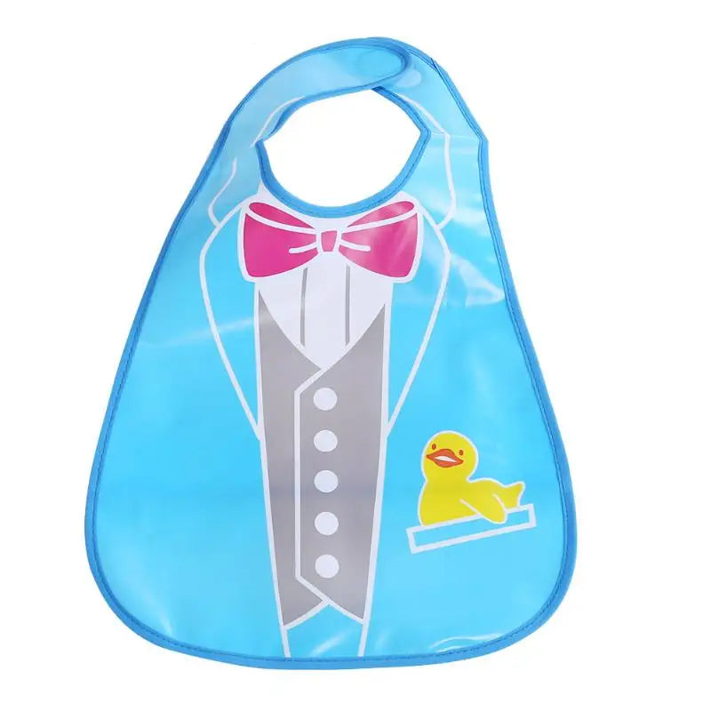 A bright blue wipeable baby bib with a pink bow and a catch-all pocket for weaning toddlers.