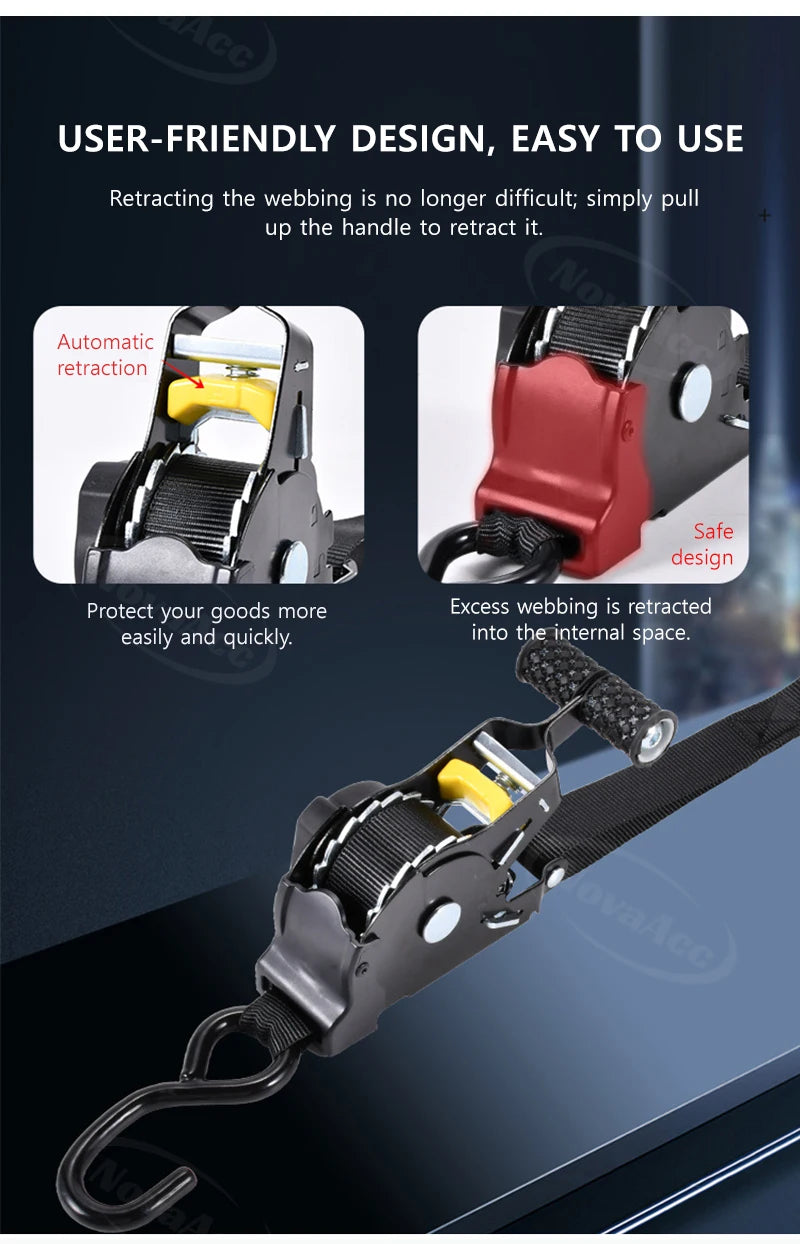 Close-up view of a black heavy duty retractable ratchet strap with a yellow handle and red locking mechanism.