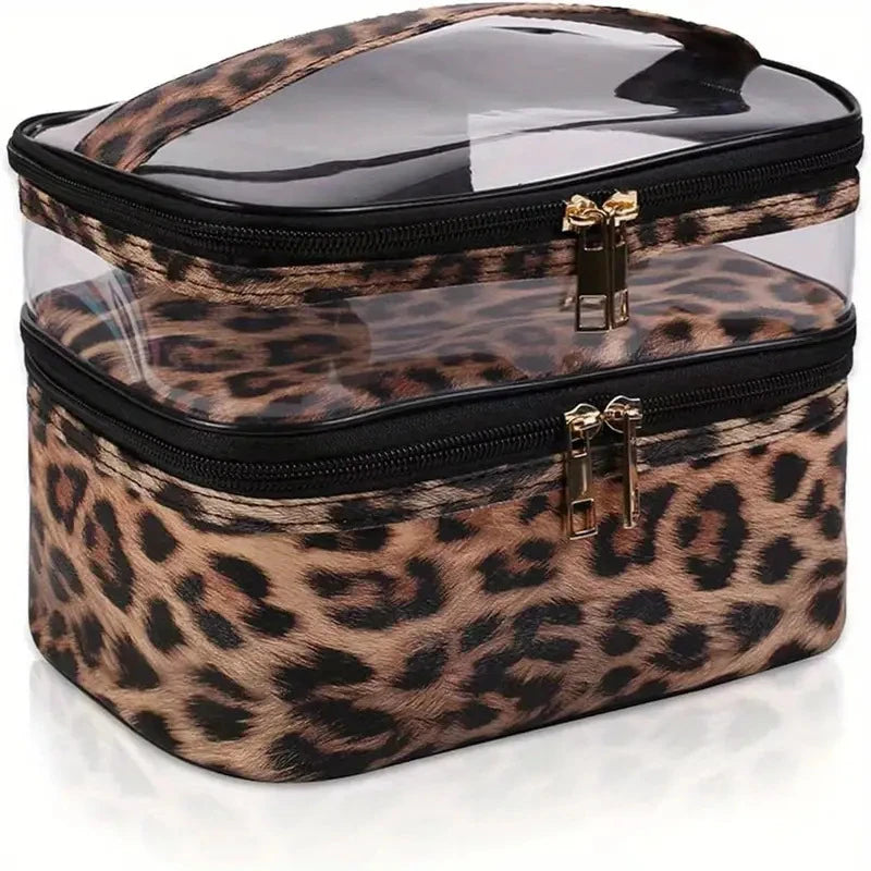 Leopard print transparent double-layer makeup bag with gold clasps