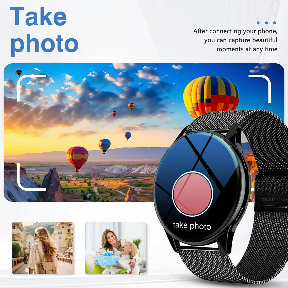 A smartwatch is shown capturing a photo of a sunset landscape with hot air balloons in the sky.