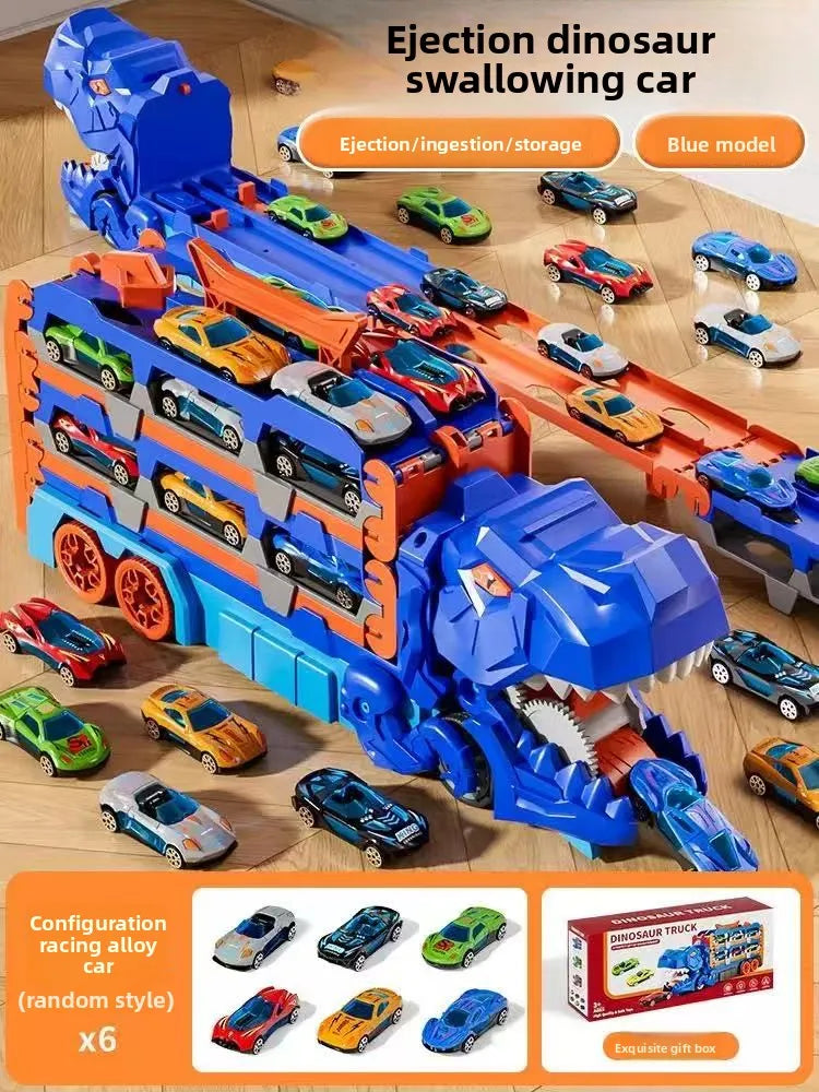 Camión Transportador de Dinosaurios con Pista de Carreras Plegable y 12 Coches de Aleación