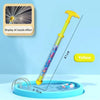 A yellow water blaster toy is shown spraying water into a blue pool, with a display of the nozzle effect visible.