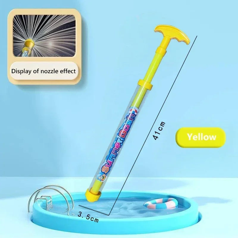 A yellow water blaster toy is shown spraying water into a blue pool, with a display of the nozzle effect visible.