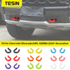 Set of various colored tow hook covers for Chevrolet Silverado and GMC Sierra front bumper decoration