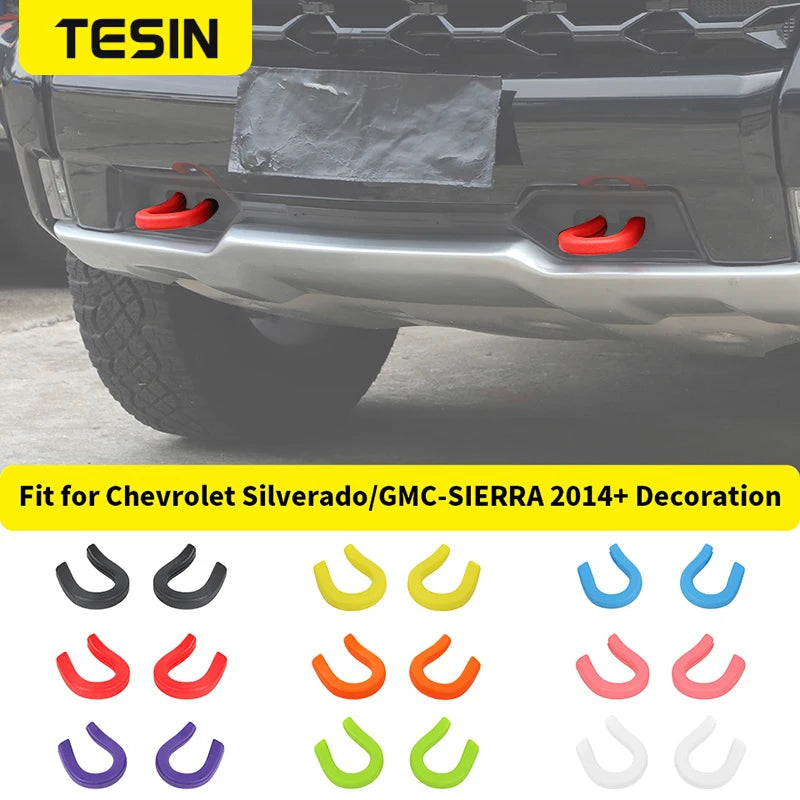 Set of various colored tow hook covers for Chevrolet Silverado and GMC Sierra front bumper decoration