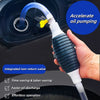 A hand holds a portable siphon pump kit with a blue hose and a black flow control valve, demonstrating oil pumping.