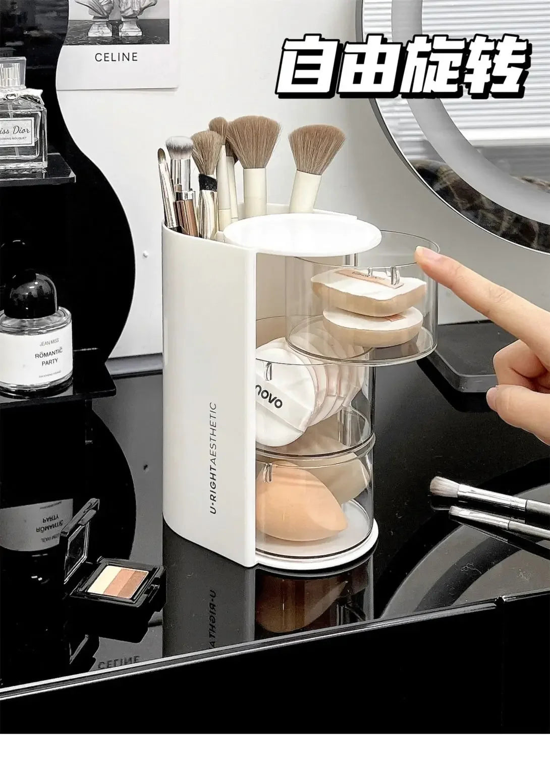 Clear acrylic organizer for hair accessories with rotating compartments and brushes