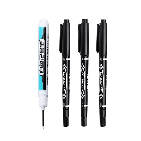 A set of black and light blue permanent paint pens for marking multiple surfaces.
