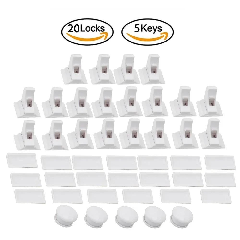 A set of 20 locks and 5 keys for an invisible magnetic cabinet lock system.