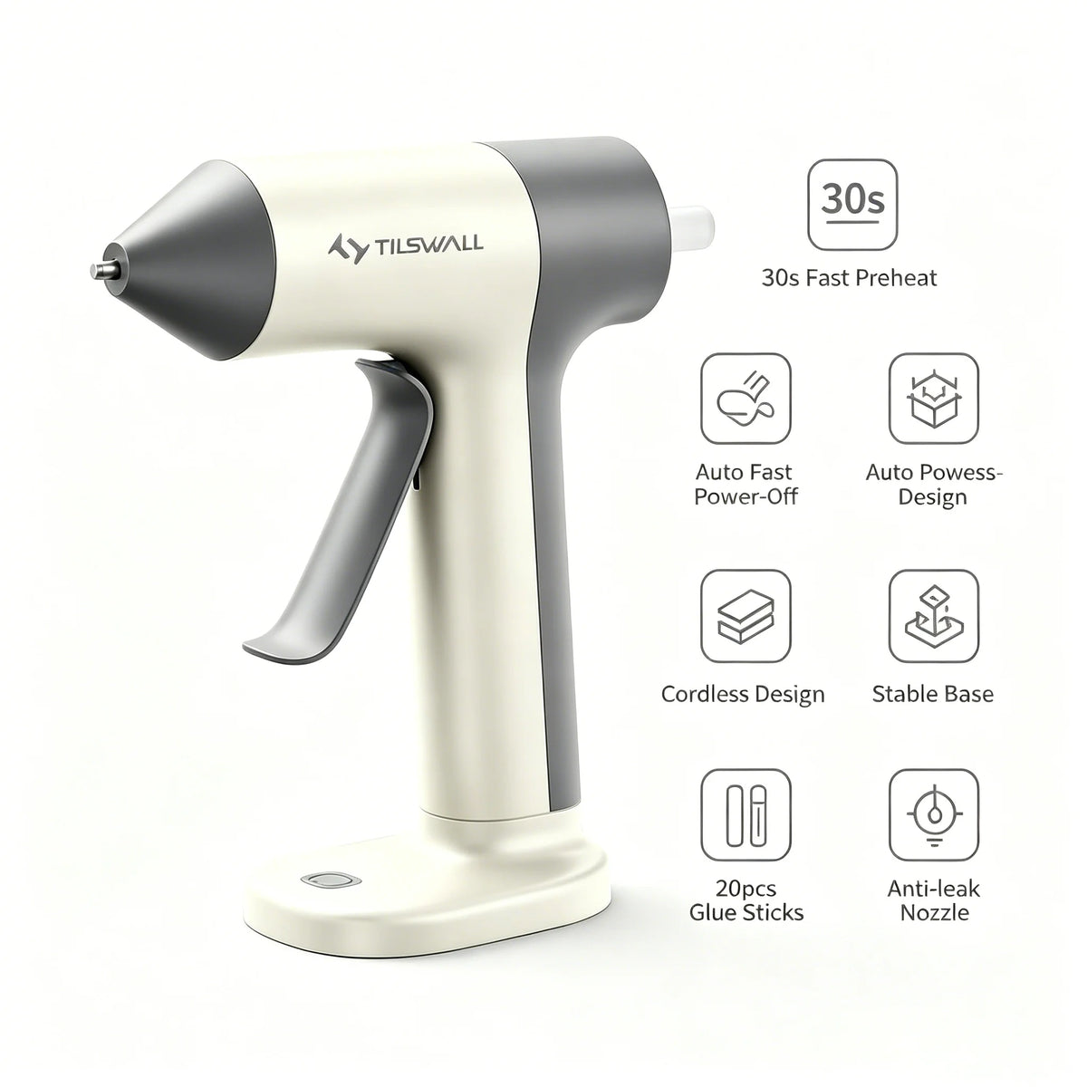 A white and gray cordless hot glue gun with a pistol grip and various accessories shown on a white background.