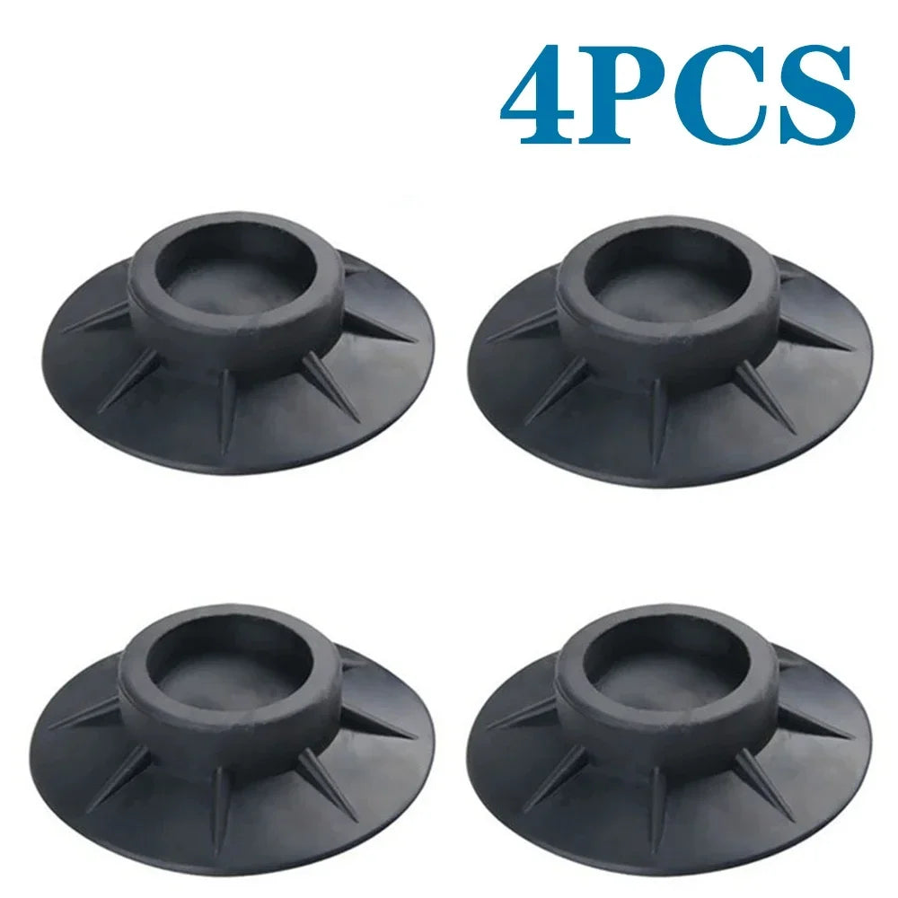 Four black anti-vibration silicone pads for washing machines, dryers, and furniture.