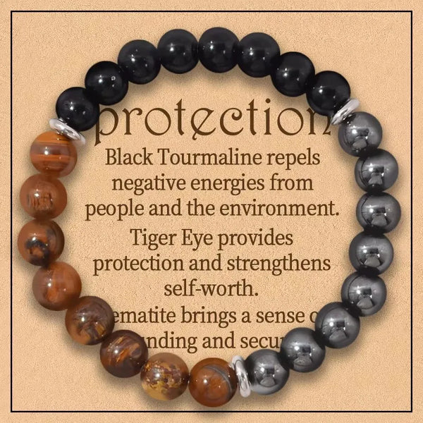 Bracelet élastique en pierre noire avec des perles de tourmaline noire et d'œil de tigre.