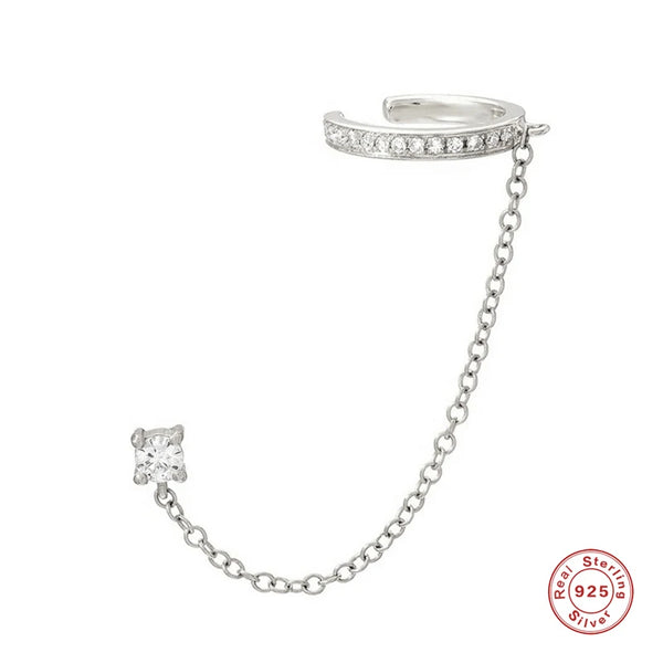 Boucle d'oreille sans perçage en argent sterling 925 avec pendentif chaîne et strass