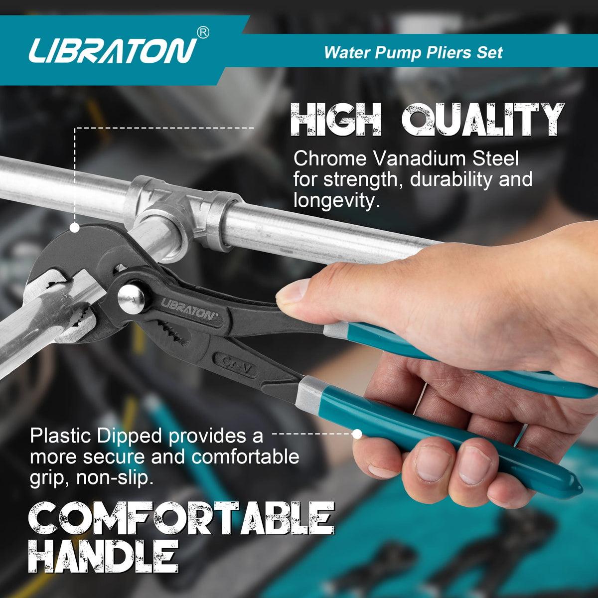 A hand holds a silver water pump pliers set featuring chrome vanadium steel and a comfortable plastic dipped handle.