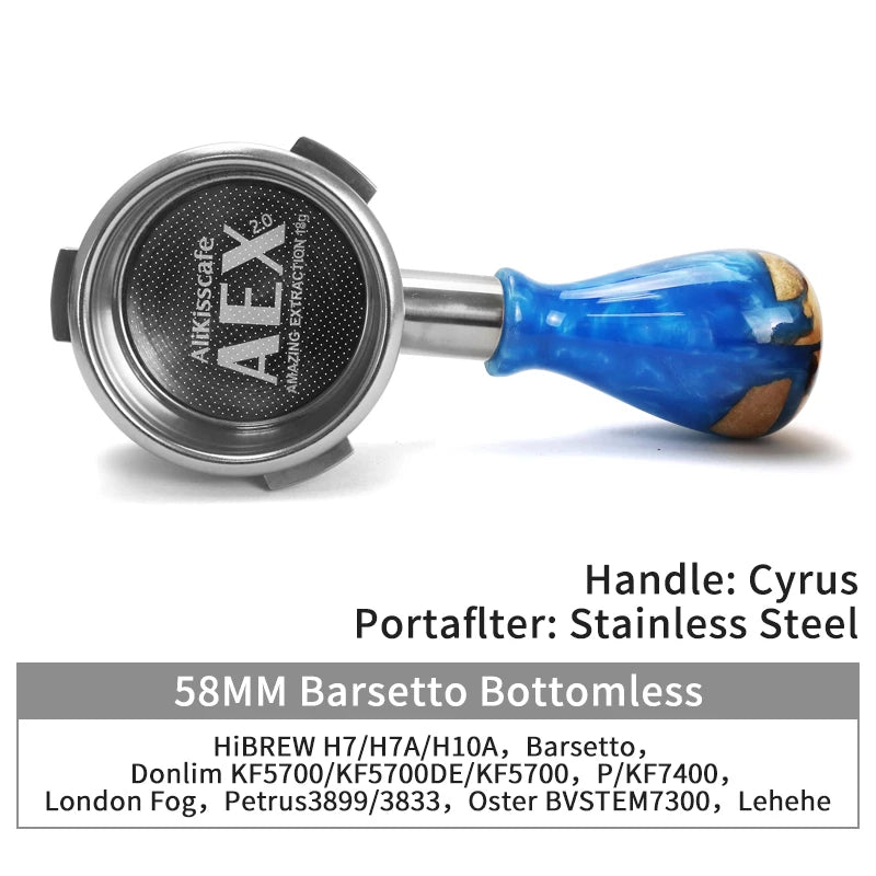 A stainless steel bottomless espresso portafilter with a blue handle and various compatibility listings.