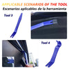 Image showing three tools for car trim removal, including a blue plastic tool and a black panel section.