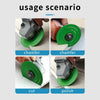 Four images showing usage scenarios for a diamond glass and tile cutting disc on an angle grinder: chamfer, cut, and polish.