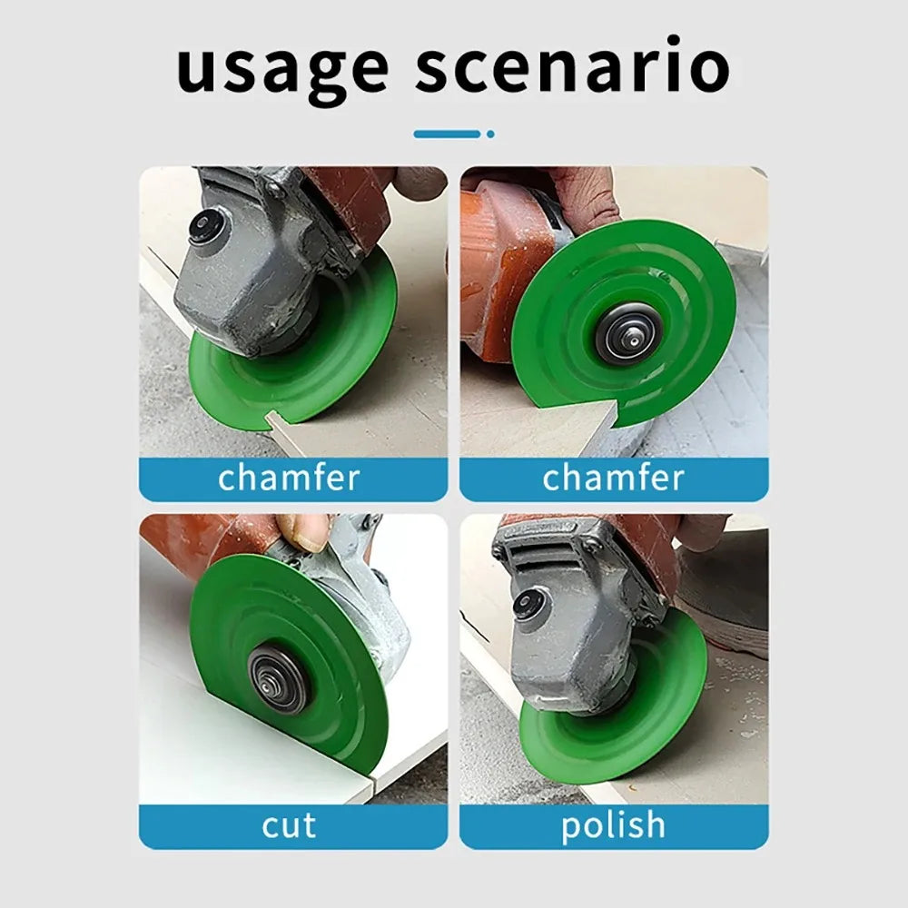 Four images showing usage scenarios for a diamond glass and tile cutting disc on an angle grinder: chamfer, cut, and polish.