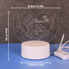A white heart-shaped 3D LED night light is displayed against a background featuring a hand-drawn heart design and measurement