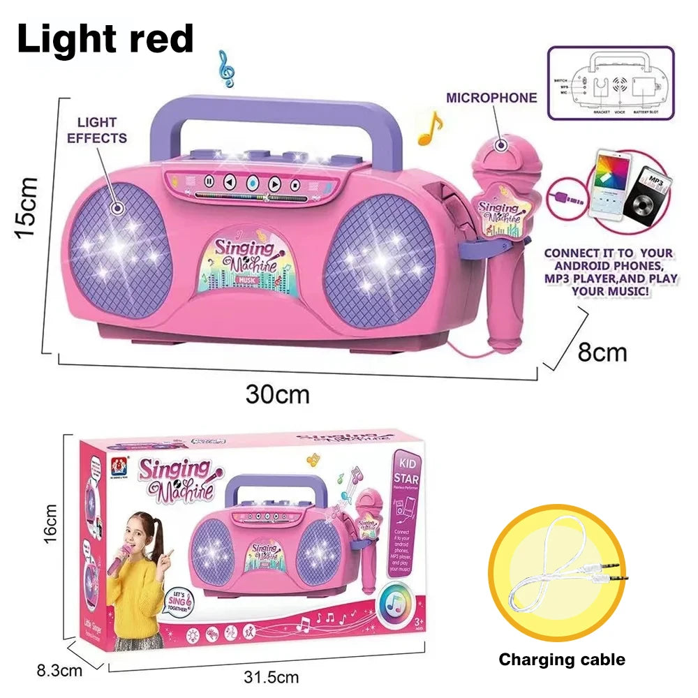 Pink kids karaoke microphone stand with built-in speaker and charging cable