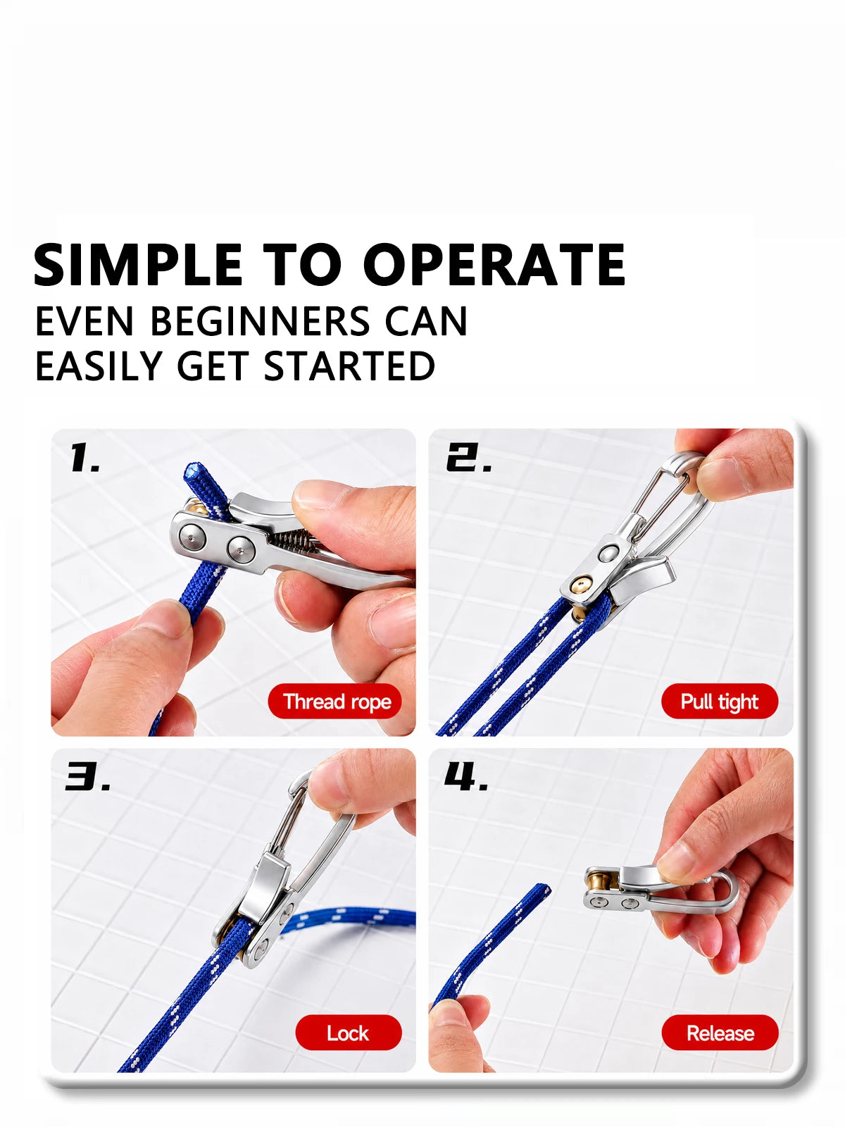 Four steps showing how to operate a heavy-duty rope tensioner with a reflective nylon rope.