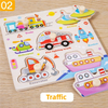 A wooden puzzle set featuring various vehicles like a train, helicopter, rocket, fire fighting truck, excavator, and ship.