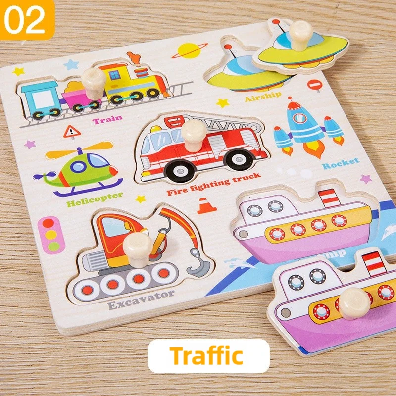 A wooden puzzle set featuring various vehicles like a train, helicopter, rocket, fire fighting truck, excavator, and ship.
