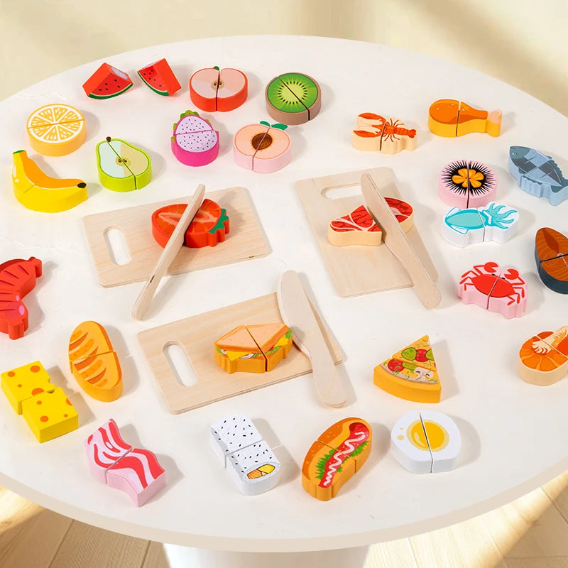 A collection of wooden pretend play cutting fruit and vegetable toys in various colors and shapes.