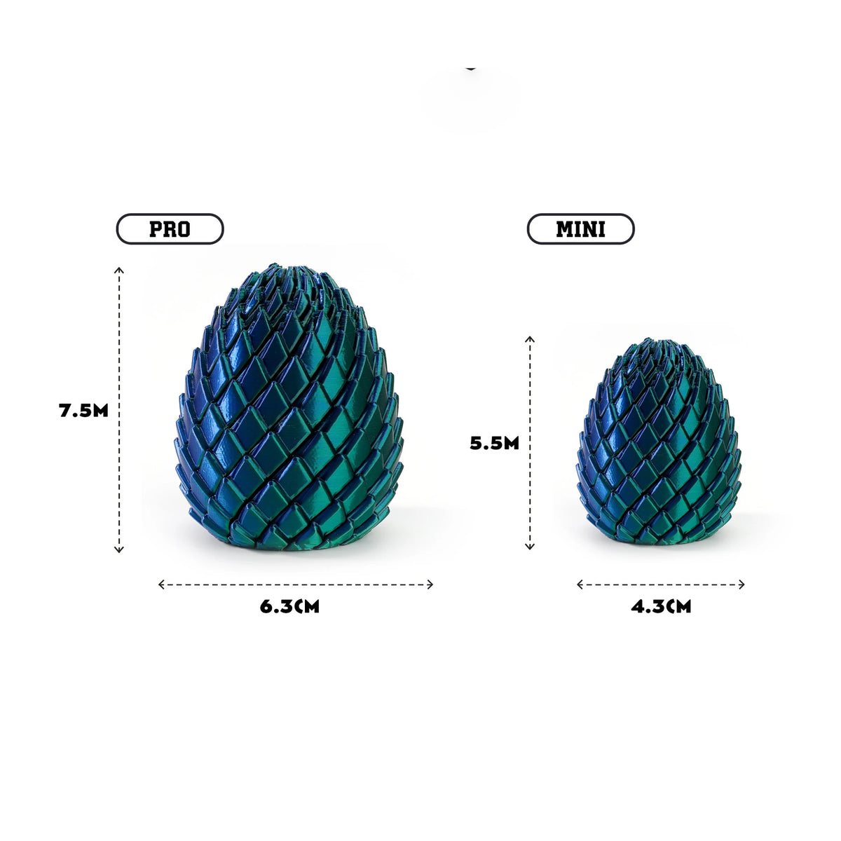 Comparison of a large PRO and small MINI version of a teal twisted fidget egg stress relief toy.