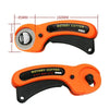 An orange rotary cutter tool with black handle and measurements shown for a sewing kit.