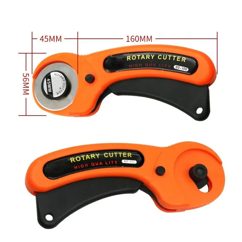 An orange rotary cutter tool with black handle and measurements shown for a sewing kit.