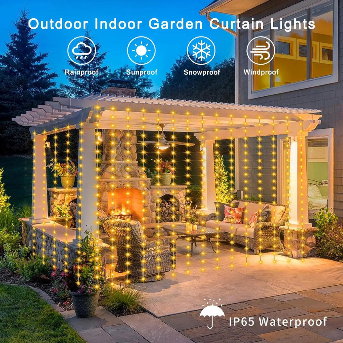 Outdoor curtain lights illuminating a patio area and garden with warm yellow string lights