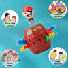 A red wooden box of Jumping Pirates board game surrounded by icons depicting family activities and games.