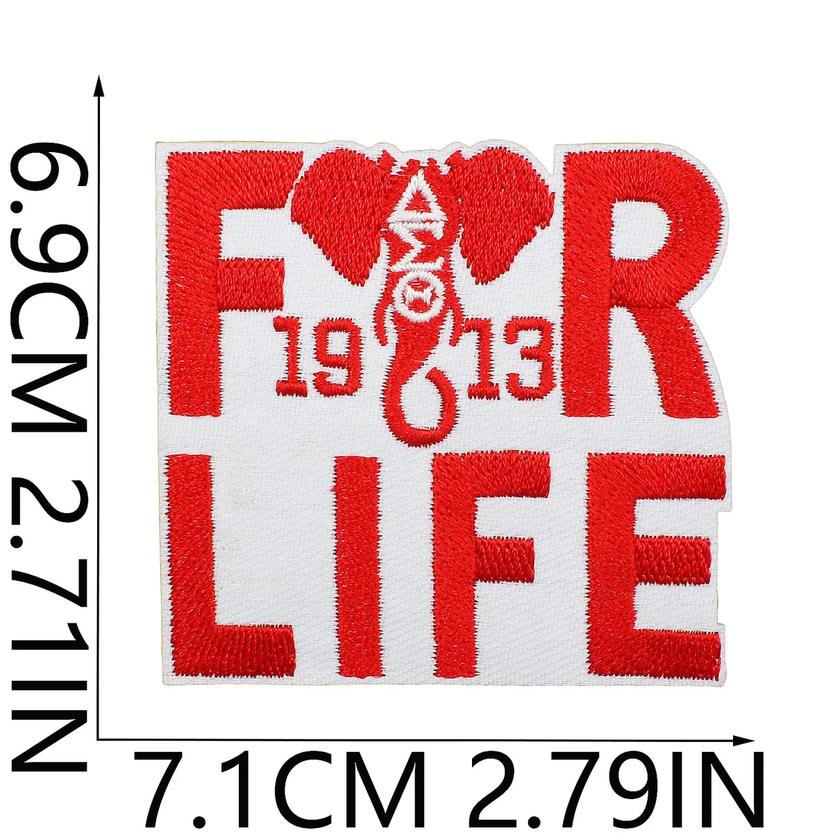 Red embroidered patch featuring the text FOR LIFE and the year 1913