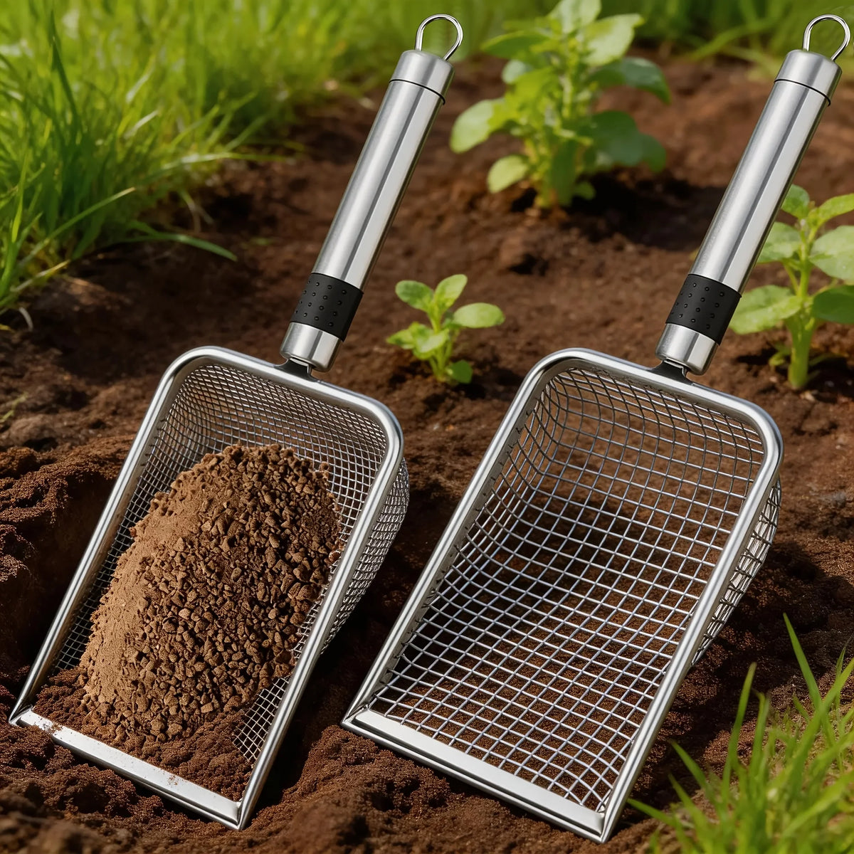 A pair of stainless steel soil sieves with ergonomic handles are shown resting on dark soil.