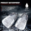 Two clear automotive front side marker light housings being washed by water droplets.