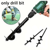 A green power drill with a long black garden auger bit and several separate spiral drill bits.