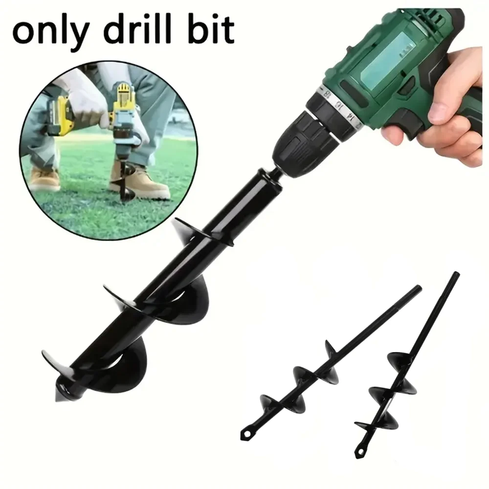 A green power drill with a long black garden auger bit and several separate spiral drill bits.