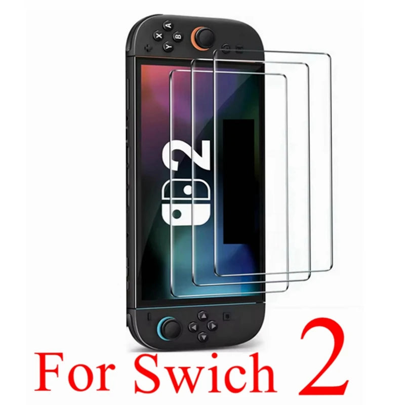 A black Nintendo Switch console with a clear tempered glass screen protector applied to the screen.