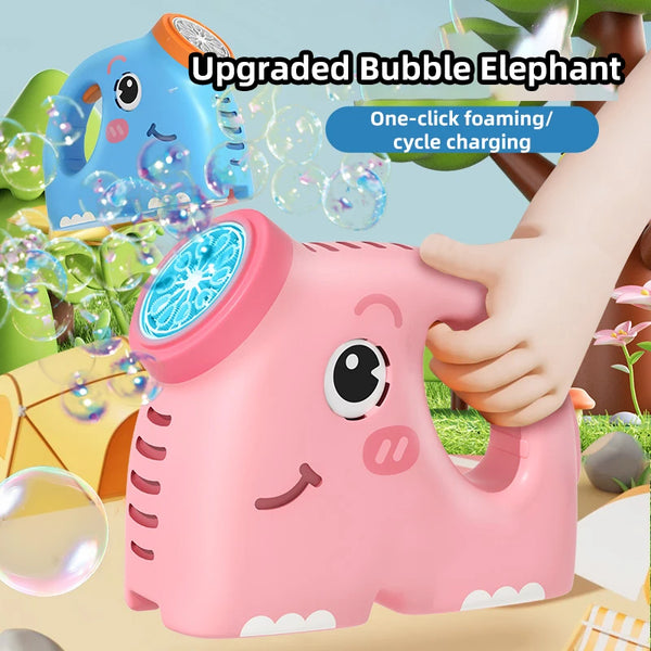 A pink elephant bubble machine is being held by a hand, demonstrating one-click foaming and cycle charging features.