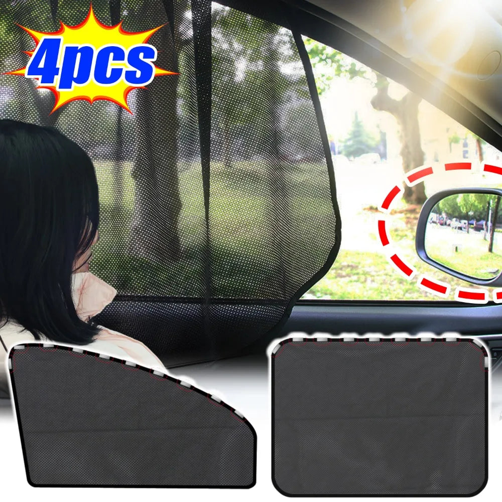 Four magnetic car window sunshades with foldable mesh design shown in a vehicle window.