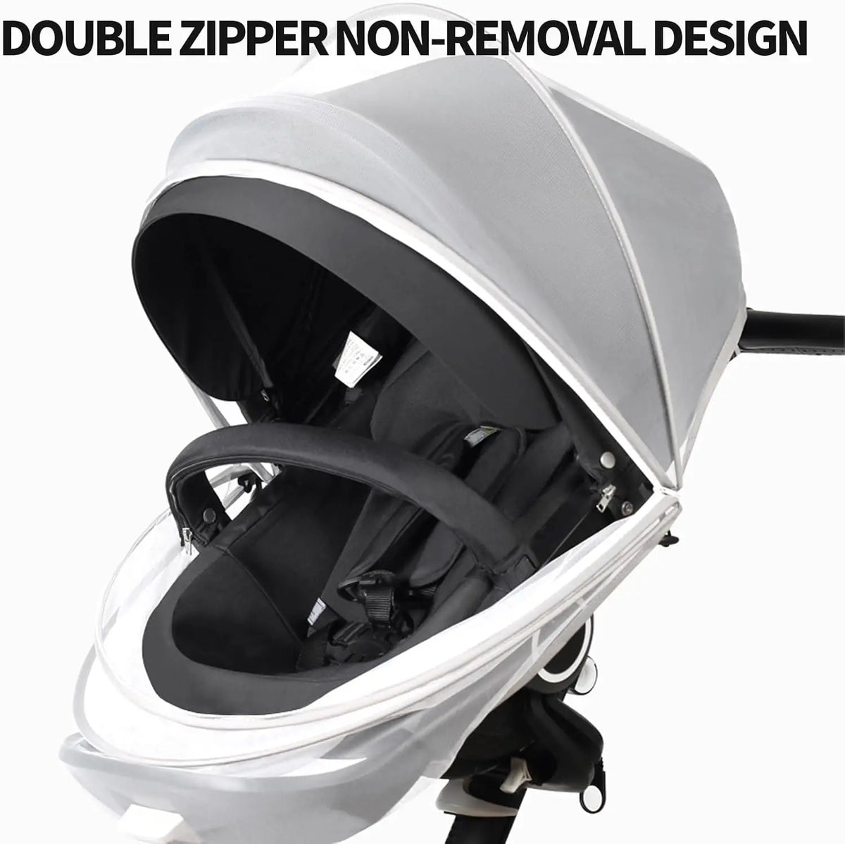 A gray double zipper non-removable mosquito net cover for a baby's crib or bassinet.