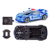 A blue police car toy with lights and sounds, shown alongside its electronic components.