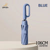 Blue windproof reverse folding umbrella with a carabiner handle and reflective stripe