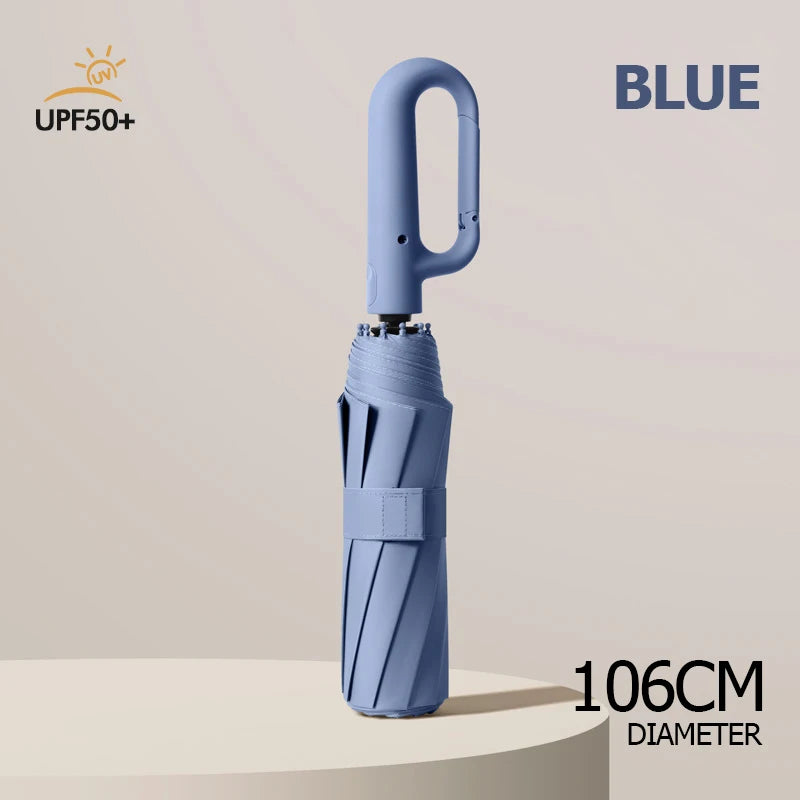 Blue windproof reverse folding umbrella with a carabiner handle and reflective stripe
