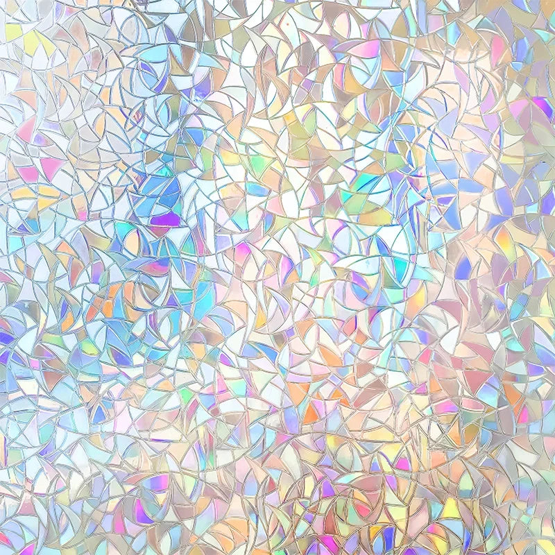 Abstract stained glass pattern featuring iridescent rainbow colors and light reflections.