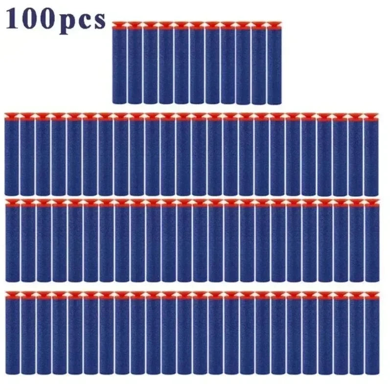 A set of 100 soft suction cup bullets for an electric gatling gun toy, arranged in rows.