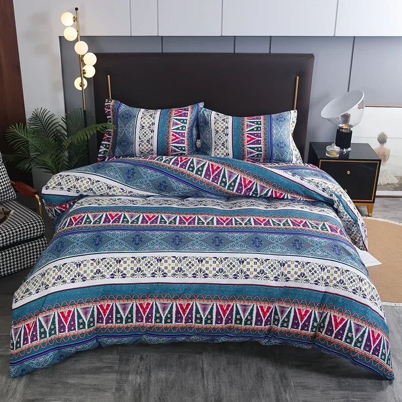 Boho striped geometric duvet cover set featuring blue, purple, and pink patterns on a dark bed.