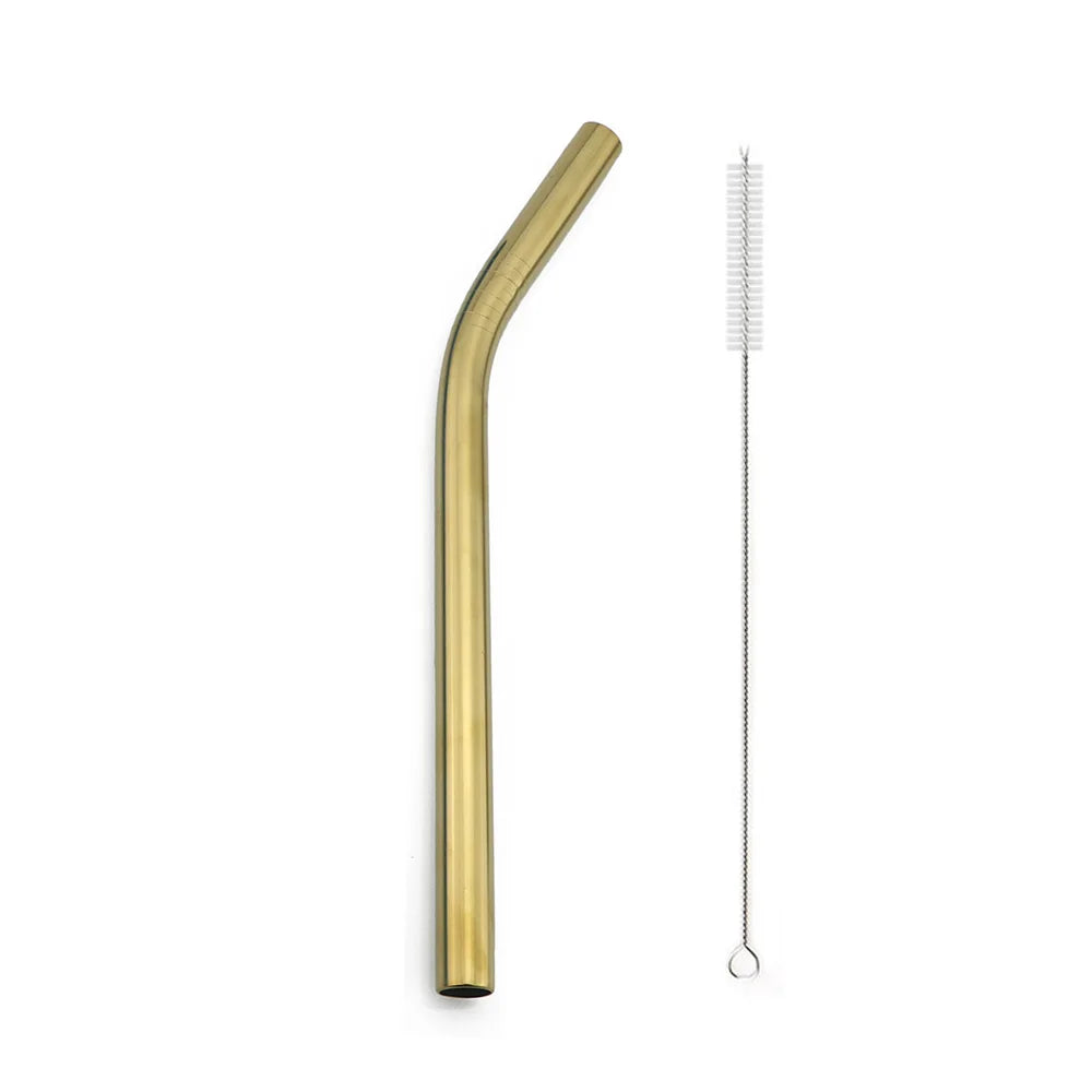 A reusable 304 stainless steel drinking straw with a cleaning brush, shown in a gold finish.