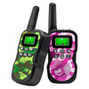 A pair of black walkie-talkies with pink and green accents and digital displays are shown.